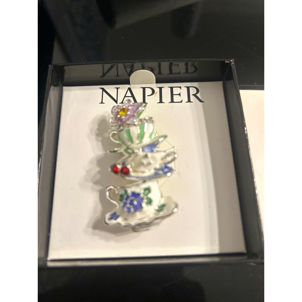 Napier Silver Tone Multicolor Enamel Flower Brooch Pin Clear Round Rhinestones